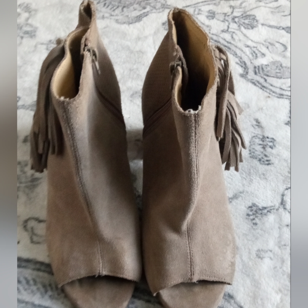 Kensie Taupe Suede Fringe Ankle Booties